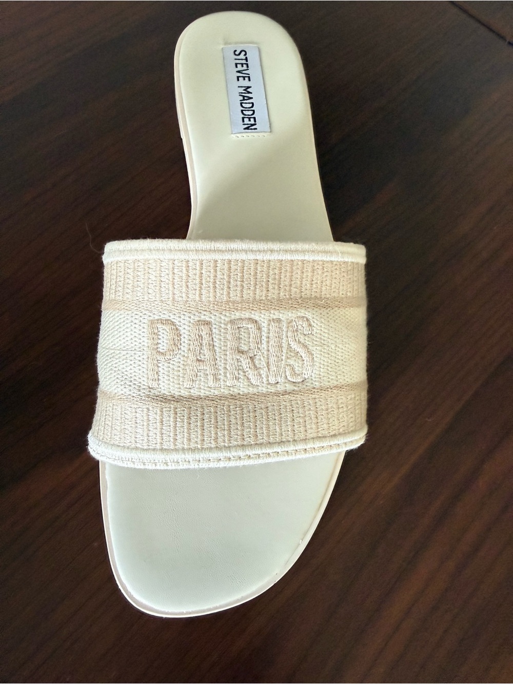 Steve Madden Cream Slide Sandals with Logo Patch - Picture 2 of 4